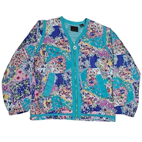 Vintage Mureli Floral Print Silk Studded Zip-Up Oversized Lightweight Jacket Sm - Picture 5 of 17